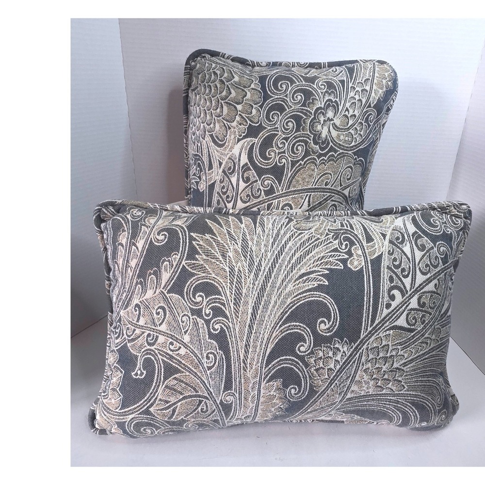 Sunbrella Outdoor Lumbar Pillows Sage Green Grey Beige Paisley Jacquard Set of 2